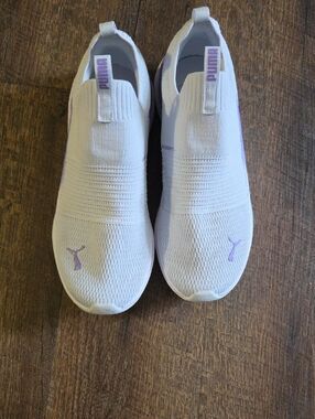 Puma White Slip-On Knit Sneakers with Lavender Accents